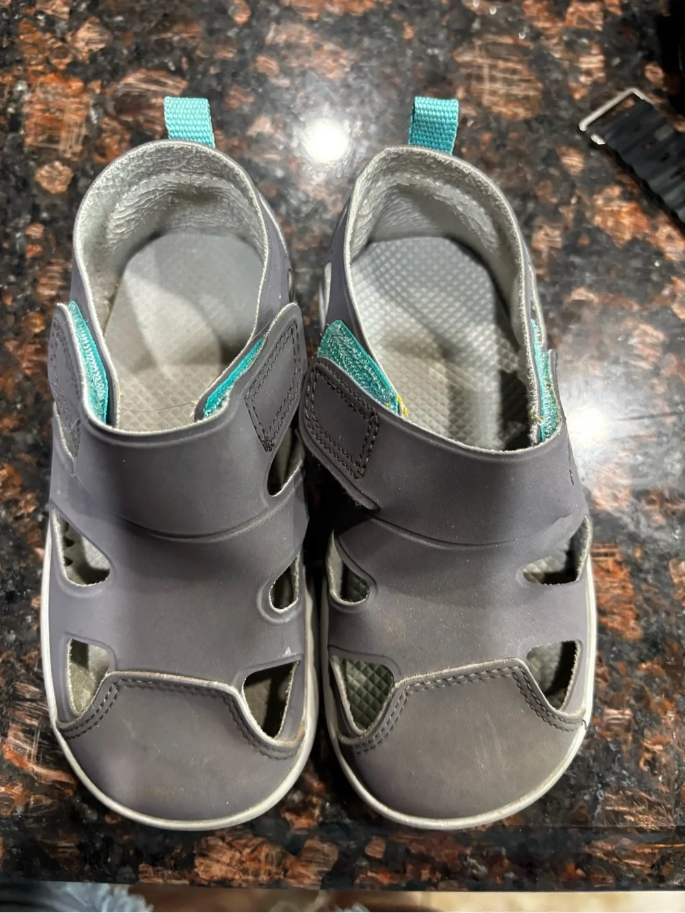 Toddler Gray Sandals with Teal Accents - Secure Hook & Loop Fit